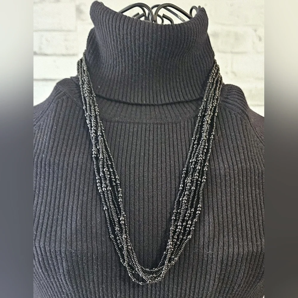 Vintage Style Multi-Strand Black Glass Seed Bead Necklace Gold Tone Ends - Picture 2 of 5